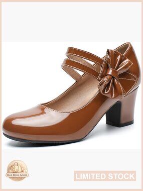 Retro Mary Jane Heels with Bow Ankle Strap Low Block Heels Closed Toe Pumps